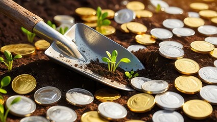 A shovel digging into soil with green sprouts and scattered coins, symbolizing growth and financial prosperity.