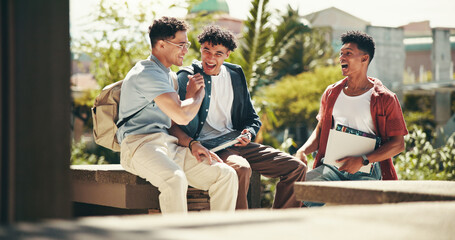 Fototapeta premium People, students and campus for handshake, outdoor and friends speaking on education. Men, academy and support with university project or module, funny conversation and studying at college park