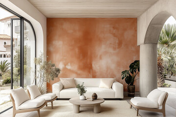 Fototapeta premium Two armchairs and sofa against terra cotta wall and concrete column, Minimalist japandi style interior design of modern living room, home.