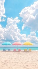 Fototapeta premium A serene beach scene with colorful umbrellas and a bright sky.