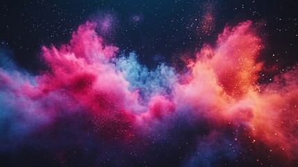 Naklejka premium Vibrant nebula with pink, blue, and orange cosmic clouds and stars.