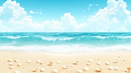 Fototapeta premium A serene beach scene with seashells and a vibrant ocean under a blue sky.