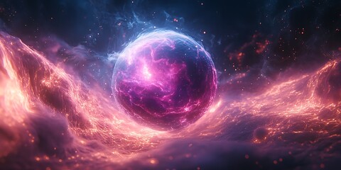Obraz premium Abstract plasma sphere emitting purple blue light dark space static electricity and quantum physics