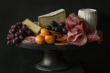Ein stilvolles Arrangement von Käse und Trauben

