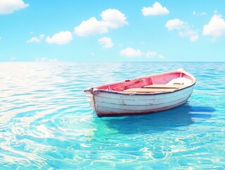 A serene boat floating on clear blue water under a bright sky.