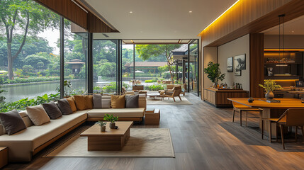 A relaxed lounge area in an office with comfortable seating and coffee tables.