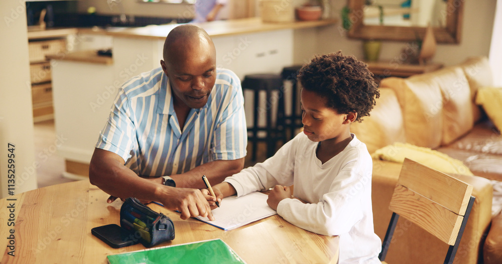 Aufkleber help, studying and child with dad, notebook and advice for son, growth and development with educatio