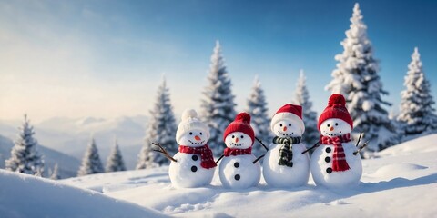 Naklejka premium Merry Christmas and happy New Year greeting card with copy-space. Snowmen Family standing in winter Christmas landscape. Winter background
