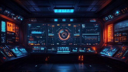 Obraz premium Sci-fi spaceship cockpit with glowing digital interfaces and control panels.