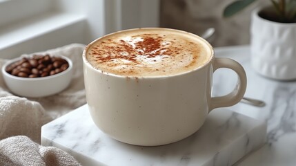 Obraz premium Warm coffee cups with whipped cream on saucers inviting relaxation and comfort