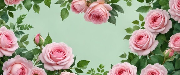 Intricate watercolor frame of pink roses and green leaves with a dreamy feel, stationery, chic aesthetic, garden event