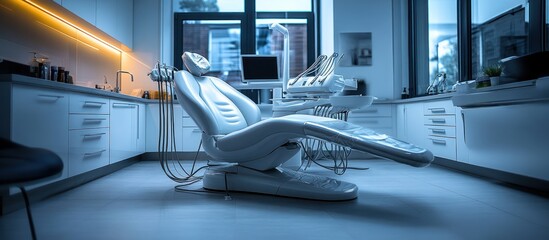 Modern dentist chair in a clean, bright dental office.