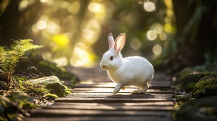 White rabbit in forest sunlit path serene ambiance
