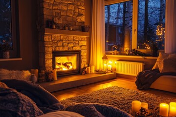 Cozy Winter Evening at Home by the Fireplace