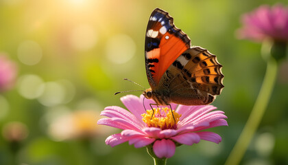 Obraz premium Vibrant Butterfly on Dewy Flower Macro Shot