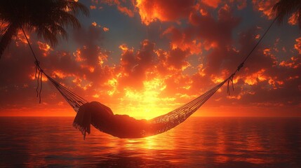 A serene sunset view with a person relaxing in a hammock over calm waters.