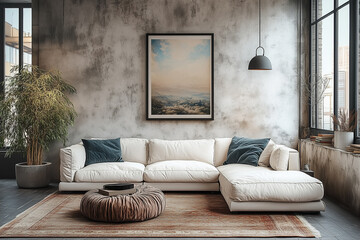 Loft interior design of modern living room, home. Corner sofa against concrete wall with poster frame.