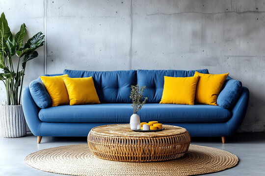 Blue sofa with yellow pillos and round rattan coffee table against concrete wall with copy space. Minimalist, scandinavian home interior design of modern living room.