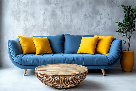 Blue sofa with yellow pillos and round rattan coffee table against concrete wall with copy space. Minimalist, scandinavian home interior design of modern living room.