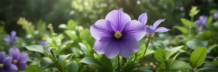 Wild violet flower with soft pastel petals and lush green foliage, lush, soft tones, outdoor