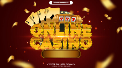 Obraz premium Online casino 3d editable gold luxury text effect template with poker card, slot machine on red glitter background