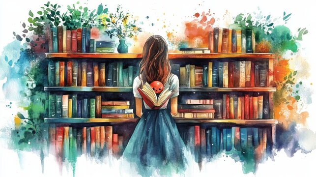 Young Girl in Bookstore - watercolor art