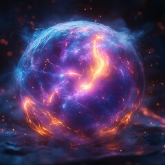 Obraz premium Abstract plasma sphere purple and blue light rays dark background static electricity and quantum physics
