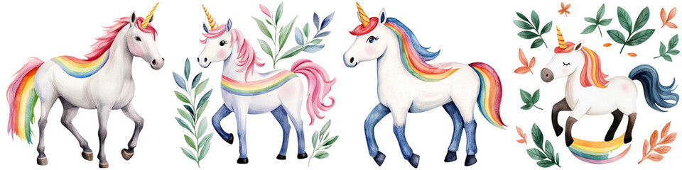 Obraz premium Unicorn magic and playful, A vibrant featuring four unique unicorns, each adorned with colorful manes and distinctive patterns.