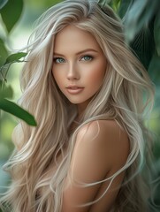 Fototapeta premium Young sensual woman with long blonde hair in nature surrounded with green leaves 