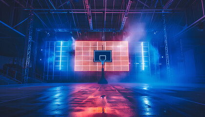 Basketball court with intense lighting, while hoop and scoreboard are ready for action on background with crowdy stages. Concept of sport games, competition, entertainment, action and motion