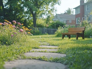 A serene garden path lined with flowers and a wooden bench for relaxation.