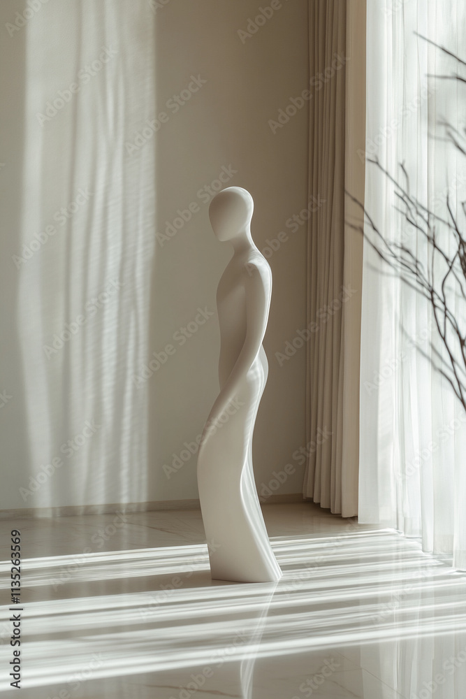 Poster abstract white sculpture casts soft shadows in a sunlit room with elegant drapery and minimalistic d