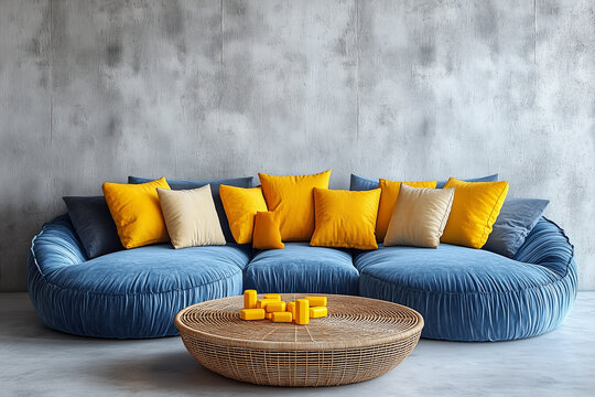 Blue sofa with yellow pillos and round rattan coffee table against concrete wall with copy space. Minimalist, scandinavian home interior design of modern living room.