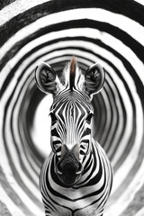 Fototapeta premium Zebra standing confidently in a circular tunnel of stripes during daylight in a natural setting