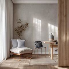 Aesthetic elegant minimalist modern interior design. Clear mock up empty wall for decoration in the apartment. Copy space in the room. Neutral palette of natural colors.