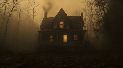 Eerie old house stands alone in the foggy forest at twilight with glowing windows