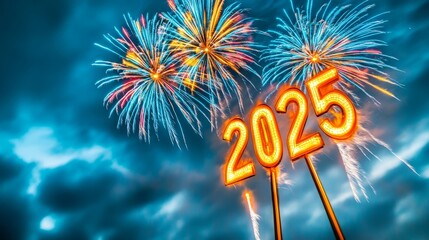 New Year 2025 Fireworks Celebration - Festive fireworks display, bright colors, 2025 numerals, celebration, new beginnings, hope.