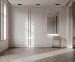 Aesthetic elegant minimalist modern interior design. Clear mock up empty wall for decoration in the apartment. Copy space in the room. Neutral palette of natural colors.