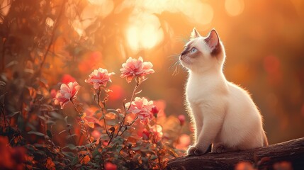 A serene kitten gazes at blooming roses in a warm, golden light.