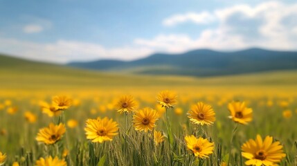 Bright yellow flowers bloom in a vast field under a clear blue sky