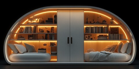 Fototapeta premium Modern minimalist curved bedroom pod with built-in shelves and bed.