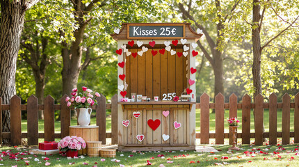 a whimsical "kissing booth" image .a vintage-style wooden booth adorned with red and white hearts, a handwritten "Kisses 25¢" sign,  trees in the background .