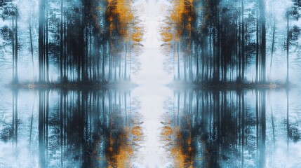 Calm waters reflect misty mountains and evergreen forests at dawn near a serene lake