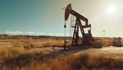 Low angle shot of oil pump jack pumping crude oil under clear blue sunny sky. Fossil fuel energy is the cheapest and the most profitable energy source in whole power generation industry.