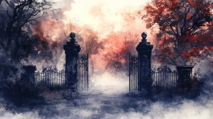 Fototapeta premium Mystical Foggy Gate in Autumn Forest