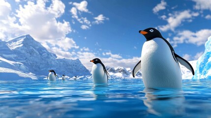 Fototapeta premium Penguins in Antarctic Waters - Three penguins swim in icy blue water, majestic mountains and glaciers form a stunning backdrop, symbolizing wilderness, freedom, adventure, nature, and wildlife.