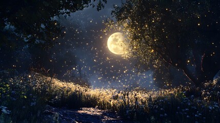 Naklejka premium Shimmering dust floating through a quiet clearing in the forest