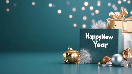 Happy New Year Festive Gifts - Celebration, joy, presents, winter, holidays.  New beginnings symbolized through gifts and festive decorations.