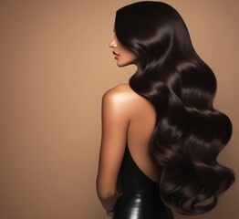 Women from back in profile with healthy long dark brown hair