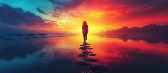 Solitary figure walking on stepping stones towards vibrant sunset over calm ocean.